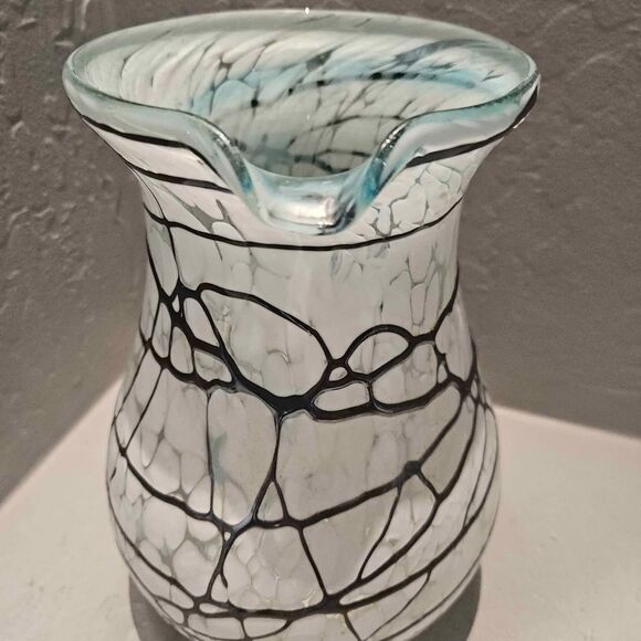 Black and White Art Glass Pitcher White with drizzle 9" - Picture 4 of 8